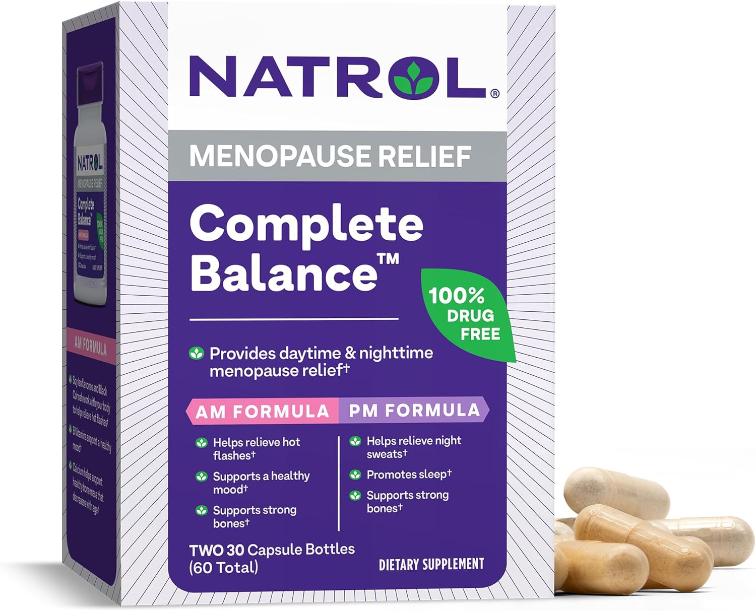 Natrol Complete Balance A.M./P.M. Capsules For Menopause Relief, Helps Relieve Hot Flashes And Night Sweats, Provides Mood Support, Purple, 30 Count, Pack Of 2