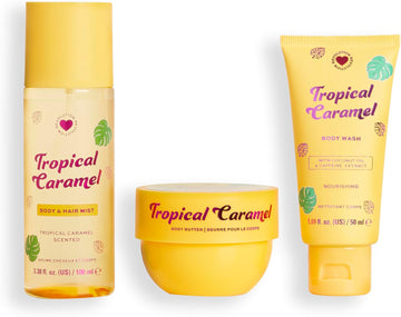 I Heart Revolution, Tropical Caramel Bath & Body Gift Set, All-In-One Mini Hair & Body Set For Summer, Sweet Scent, Vegan & Cruelty-Free