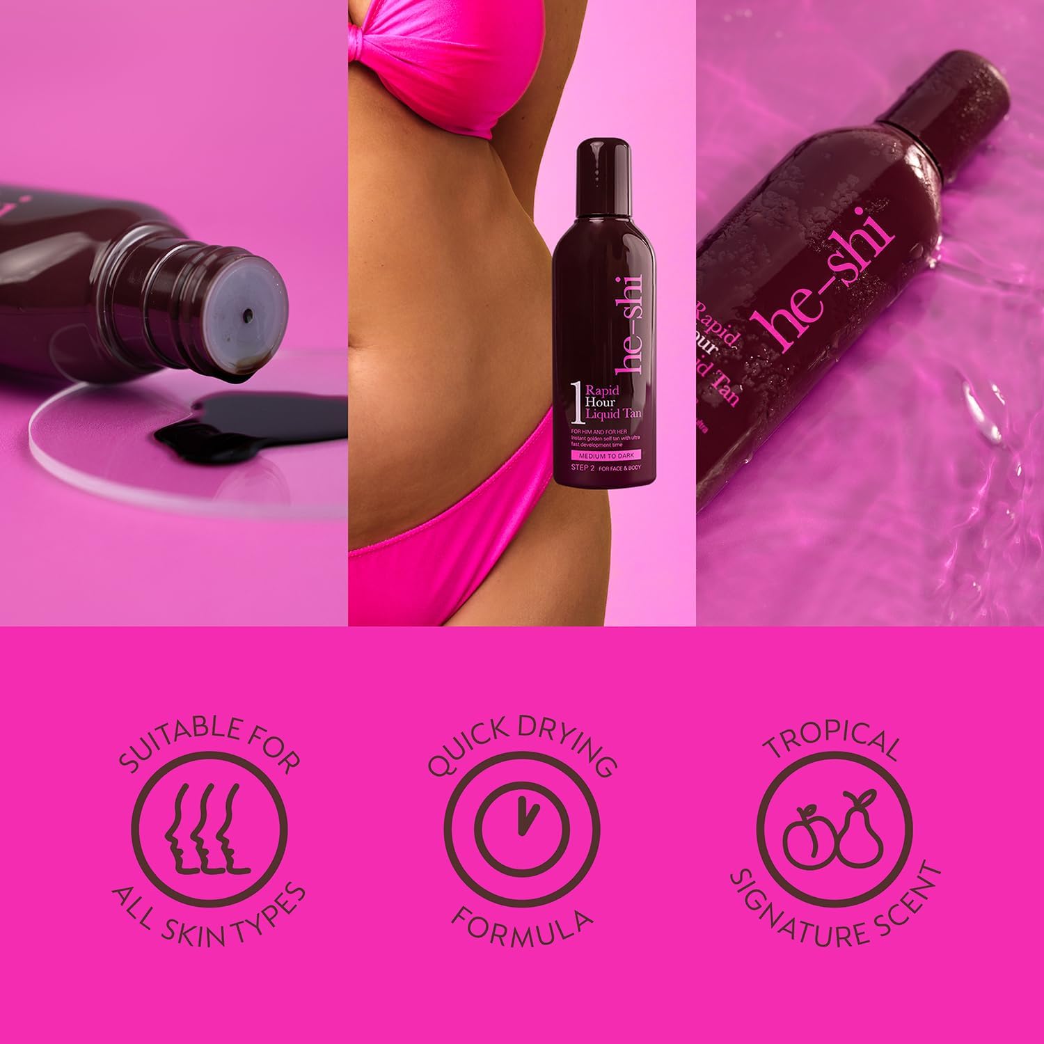 He-Shi Rapid 1 Hour Liquid Tan - Instant Self Tan - 1 Hour Express Fake Tan Lotion - Quick Dry Formula, Natural Ingredients - Vegan & Cruelty Free - Self Tan Lotion for Body & Face (150ml) : Amazon.co.uk: Beauty