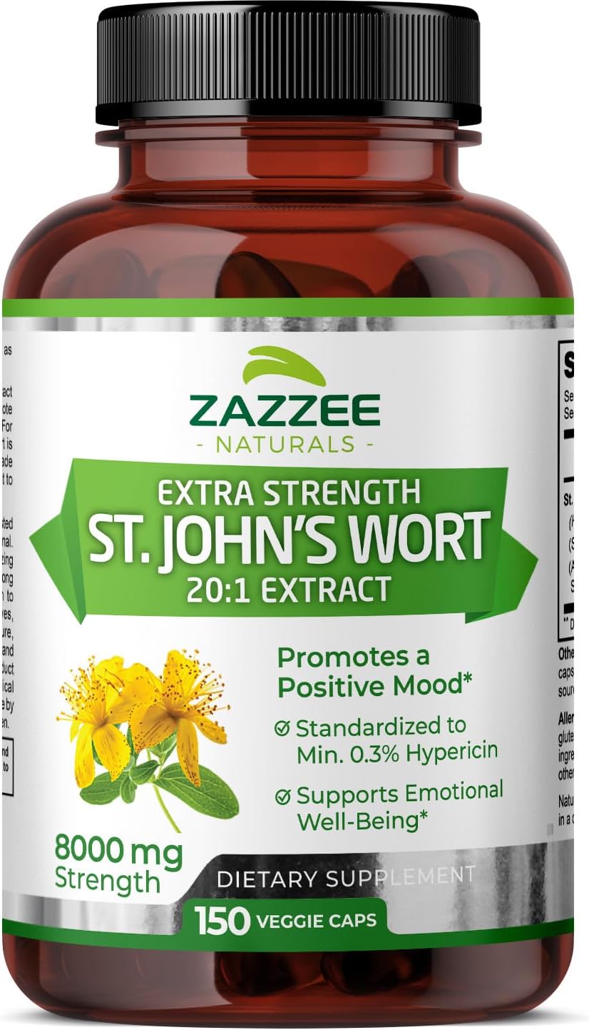 Zazzee Extra Strength St. John’S Wort 20:1 Extract, 8000 Mg Strength, 0.3% Hypericin, 150 Vegan Capsules, 5 Month Supply, Concentrated, Standardized 20X Extract, 100% Vegetarian, Non-Gmo, All-Natural