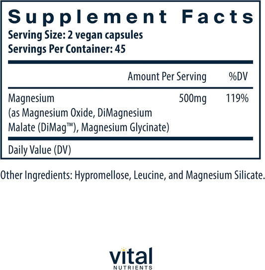 Vital Nutrients Triple Magnesium Complex | Vegan Magnesium Glycinate, Malate & Oxide 250Mg | Easily Absorbed Magnesium Supplement For Stress, Muscle, Heart, Bone Support | 90 Capsules