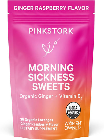 Pink Stork Morning Sickness Sweets, Organic Raspberry Ginger Candy With Vitamin B6 For Support And Occasional Motion Sickness, Pregnancy Must Haves - 30 Wrapped Drops