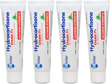 (4 Pack) Globe Hydrocortisone Maximum Strength Cream 1% W/Aloe, Anti-Itch Cream For Redness, Swelling, Itching, Rash, Bug/Mosquito Bites, Eczema, Hemorrhoids & More