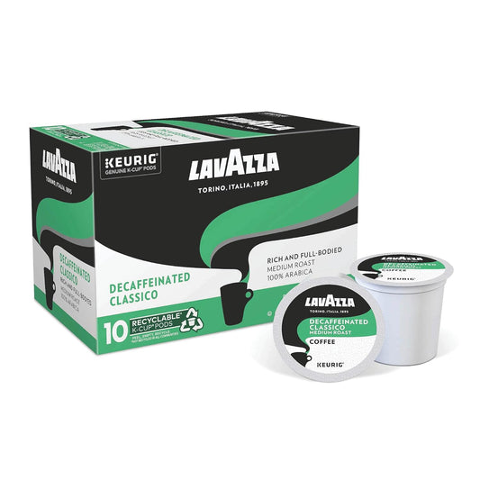 Lavazza Classico Decaf Single-Serve Coffee K-Cups for Keurig Brewer, Medium Roast, 10 Count Box ,Rich and full-bodied flavor delivers a uniquely intense aroma of dried fruits, 100% arabica coffees
