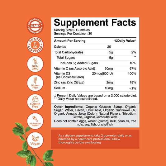 Vegan Organic Immune Support Gummies - D3 Zinc And Vitamin C Gummies For Adults Immunity - Organic Vitamin D Gummies For Adults Immune Support Supplement - Gluten Free & Non-Gmo (30 Servings)