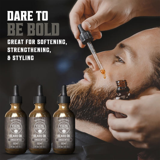 Viking Revolution Beard Oil For Men - Unscented - Natural Mens Beard Oil With Argan Oil And Jojoba Oil - Beard Softener, Strengthens And Moisturizes - Beard Conditioner For Men (3 Pack, 3 Fl Oz)