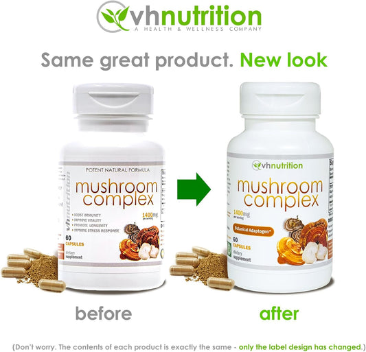 Vh Nutrition Mushroom Supplement | Mushroom Complex For Vitality Support* 1400Mg | Adaptagen Formula Includes: Lions Mane, Chaga, Reishi, Extracts | 60 Capsules