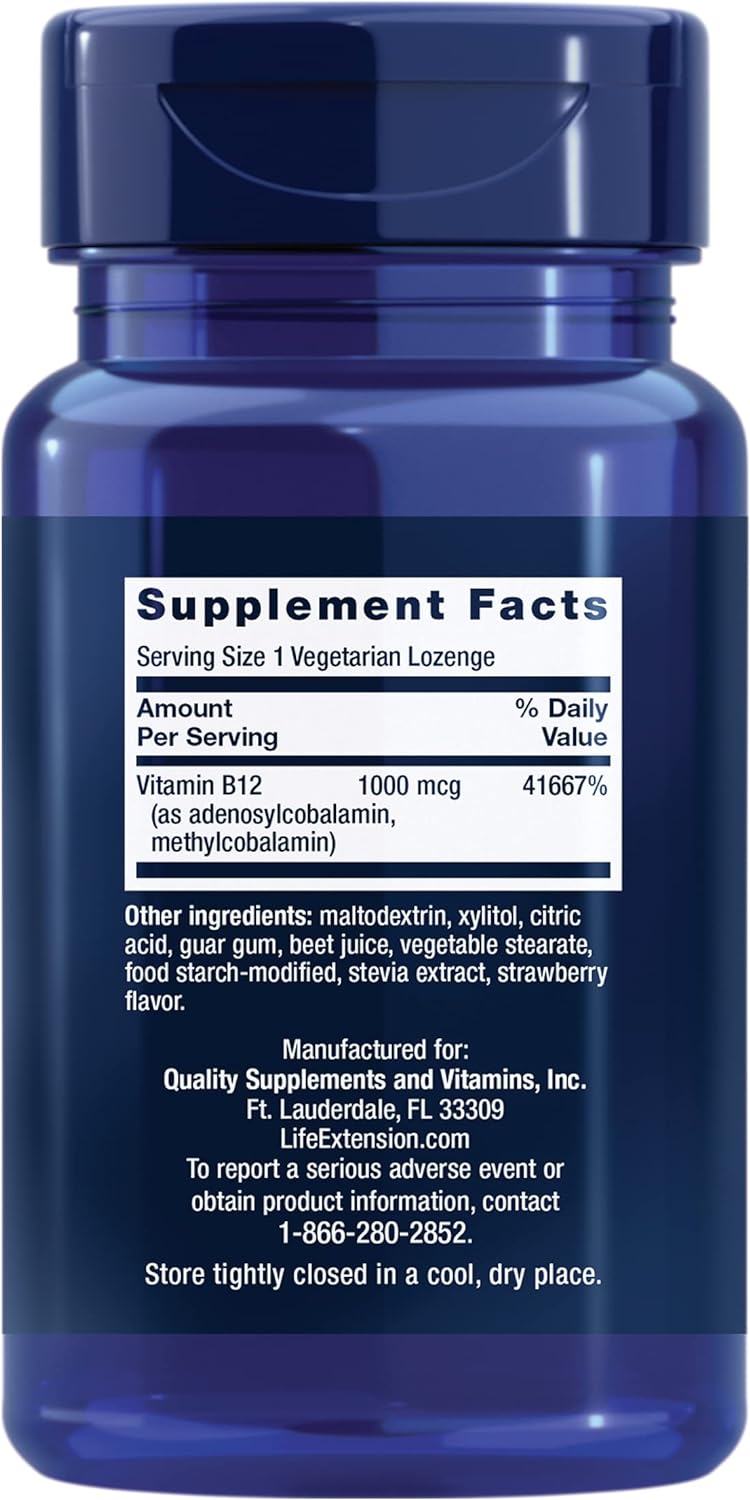 Life Extension B12 Elite - 1000mcg Vitamin B12 Supplement for Energy Metabolism, Brain and Nerve Health – Non-GMO, Vegetarian, Gluten-Free – Dissolvable and Chewable 60 Lenges