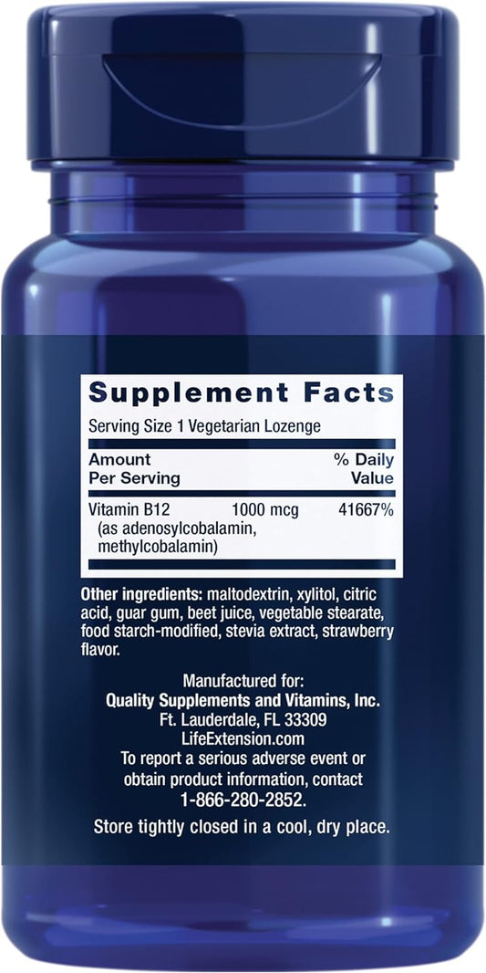 Life Extension B12 Elite - 1000mcg Vitamin B12 Supplement for Energy Metabolism, Brain and Nerve Health – Non-GMO, Vegetarian, Gluten-Free – Dissolvable and Chewable 60 Lenges