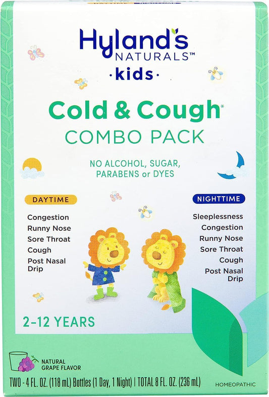 Bundle of Hyland?s Naturals Kids Cold & Cough, Day & Night Combo Pack, Ages 2+, Syrup Cough Medicine Grape + Kids - Sleep, Calm + Immunity, with Melatonin, Chamomile & Elderberry, 60 Vegan Gummies