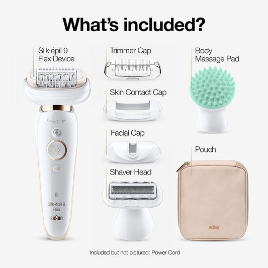 Braun Epilator Silk-Épil 9 9-020 With Flexible Head, Facial Hair Removal For Women, Hair Removal Device, Shaver & Trimmer, Cordless, Rechargeable, Wet & Dry, Beauty Kit With Body Massage Pad