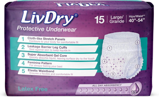 Livdry L Adult Diapers For Women, Ultimate Absorbency Incontinence Underwear, All Day Or Overnight Protection, Large (60 Count)