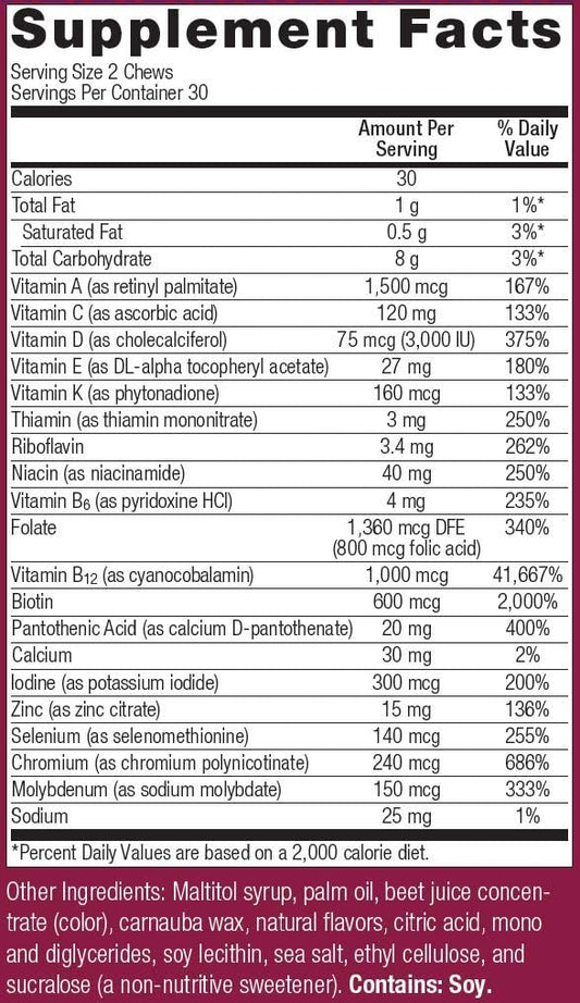 Bariatric Advantage Multi Chewy Bite - Soft Chew Multivitamin for Bariatric Surgery Patients - Chewable Multivitamin with Folic Acid, Vitamin D3 & More - Dark Cherry Flavor - 60 Count