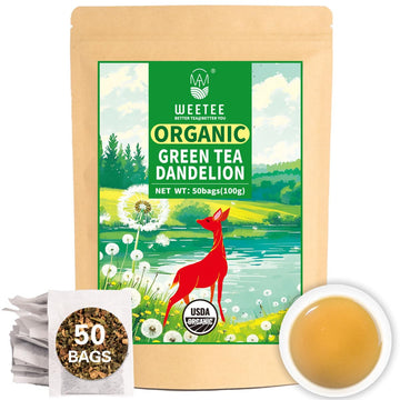 Wt Weetee Organic Green Tea Dandelion, Made Of Organic Roasted Dandelion Root And Green Tea, 50 Tea Bags, Rich In Antioxidants & Liver Support