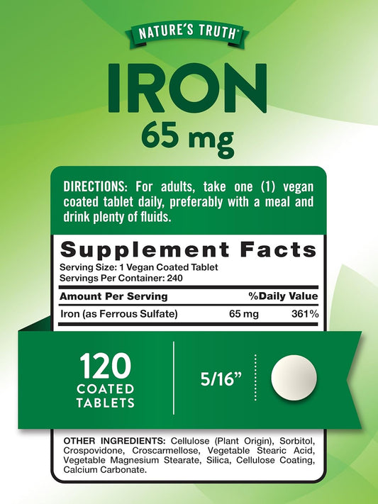 Nature'S Truth Iron Tablets 65Mg | 240 Count | 325Mg Ferrous Sulfate | Vegan, Non-Gmo & Gluten Free Supplement