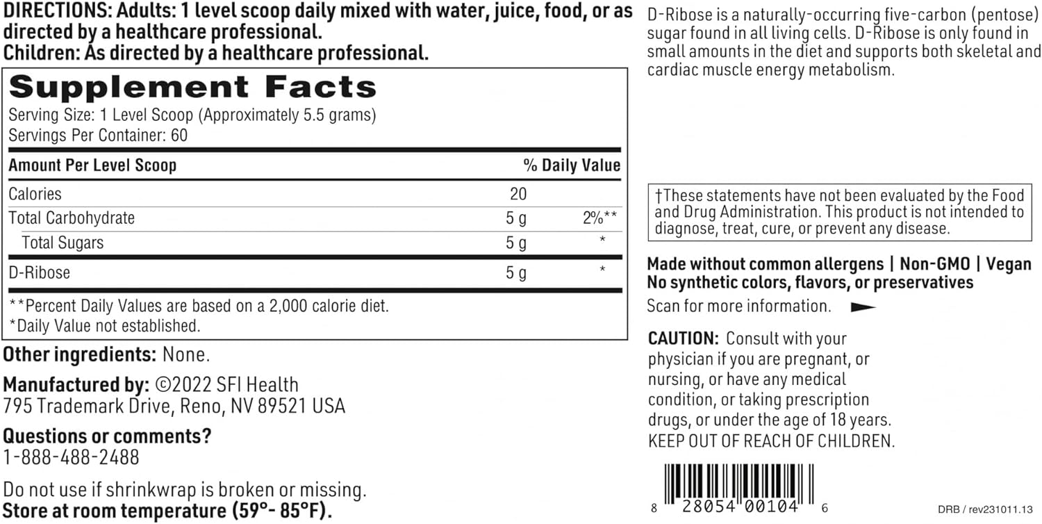 Klaire Labs D-Ribose Powder - Energy Metabolism & Cardiovascular Support - Hypoallergenic D-Ribose Supplement with Natural, Mild Sweet Taste - Mix Into Water or Juice (300g / 10.58oz) : Health & Household