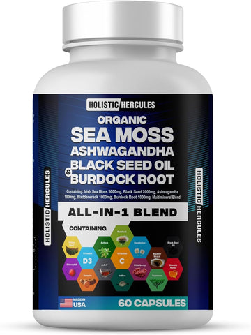 Blend: Sea Moss 9000Mg, Black Seed Oil 6000Mg, Ashwagandha 3000Mg, Burdock 2000Mg & More - Vitamin C, D3, Elderberry, Chlorophyll Acv - 60 Capsules - All In 1 Natural Blend