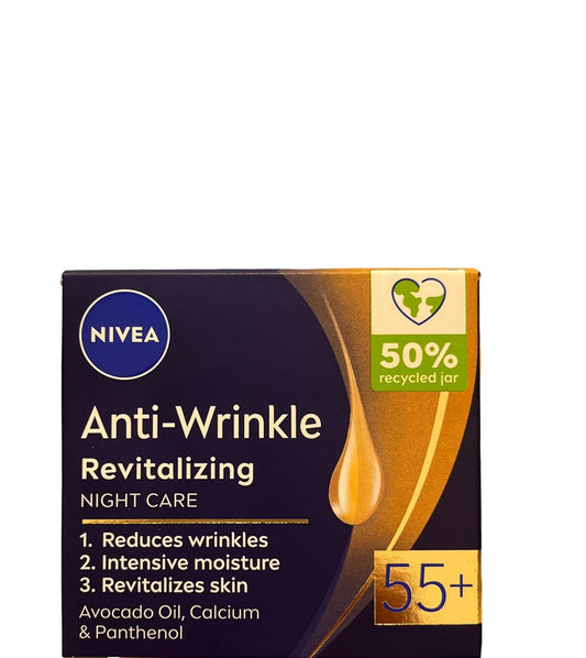 Nivea Anti-Wrinkle + Revitalizing Night Care Face Cream Anti-Aging 55+ With Avocado Oil, Calcium And Panthenol 50Ml / 1.69 Oz