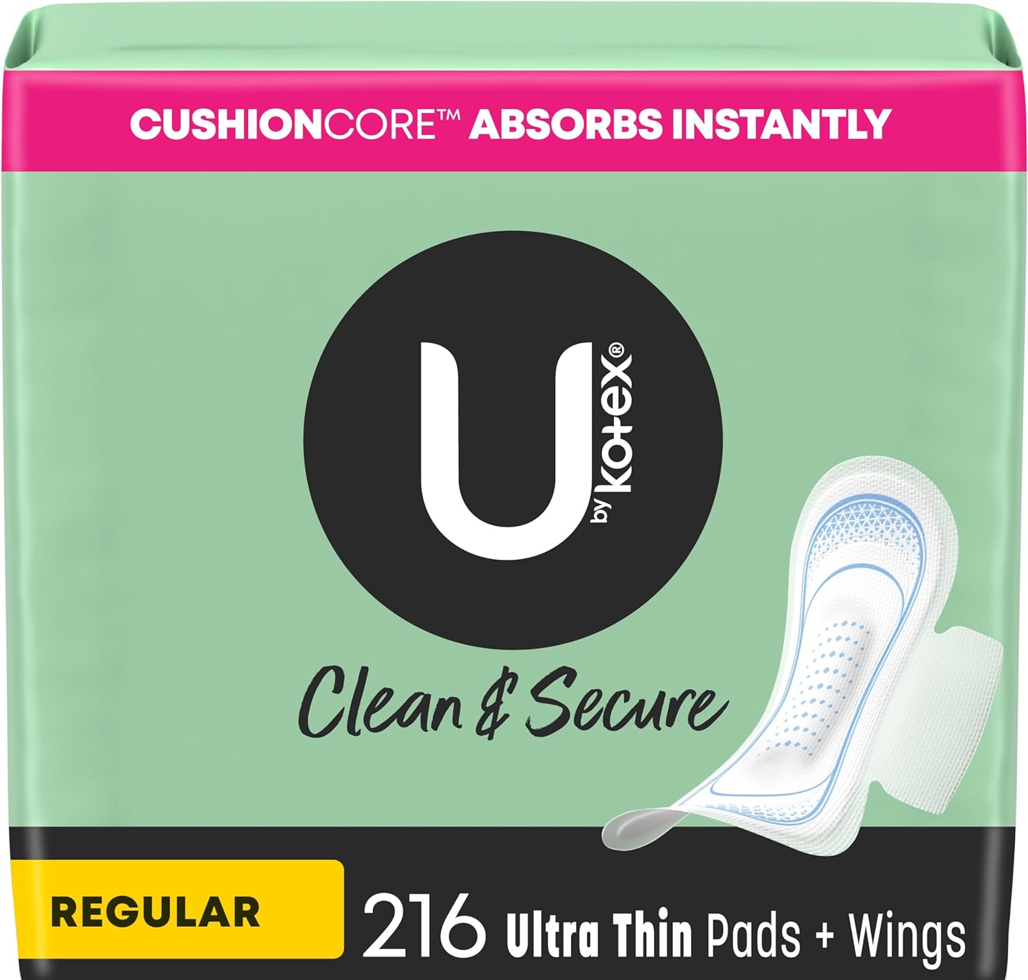 U By Kotex Clean & Secure Ultra Thin Pads With Wings, Regular Absorbency, 216 Count (6 Packs Of 36) (Packaging May Vary)