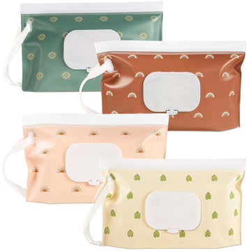 Febsnow 4 Pack Baby Wipes Dispenser, Portable Refillable Wipe Holder Baby Wipes Container Travel Wipes Case Reusable Boho Wet Wipes Pouch