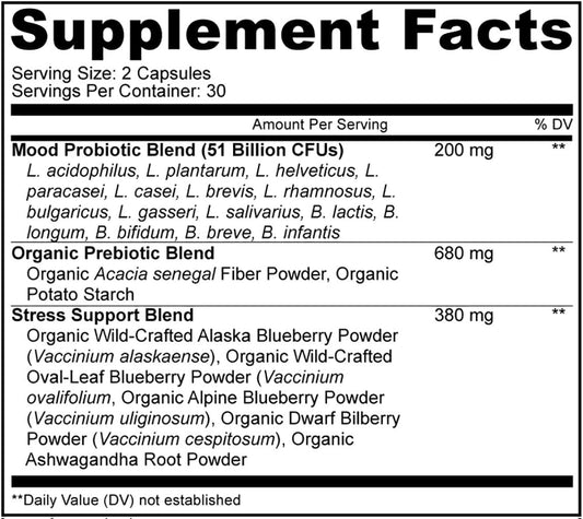 Mood Probiotic Supplement 51 Billion CFU - Organic Prebiotics and Probiotics - Acidophilus Probiotic Pills, Fibers - Mood Organic Ashwagandha, Blueberries - Vegan & Non-GMO - 60 Capsules
