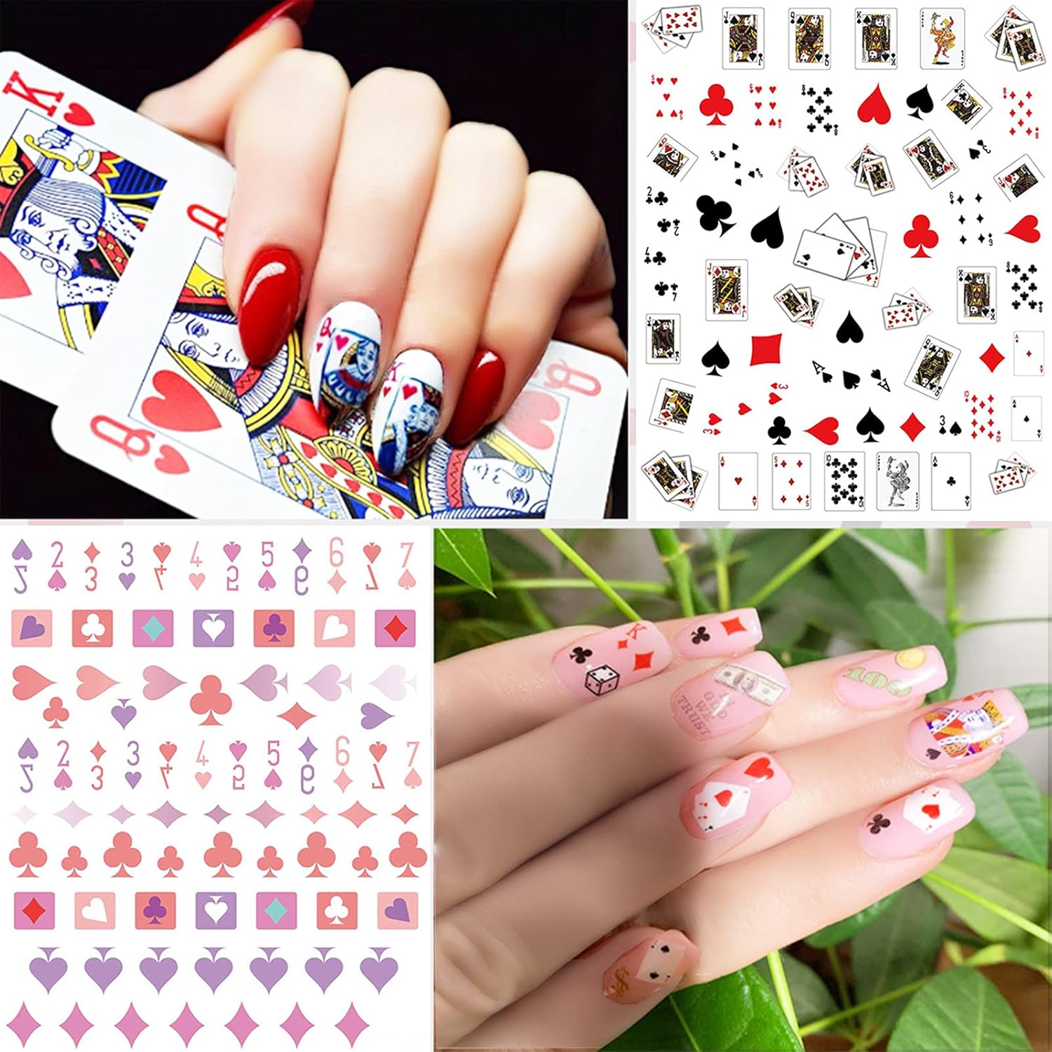 10 Sheets Self-Adhesive Poker Nail Art Stickers, Playing Card Pattern Nail Decals For Nail Art Diy Design, Geometric Numbers Letter Style Manicure Decorations Sticker For Women/Girls