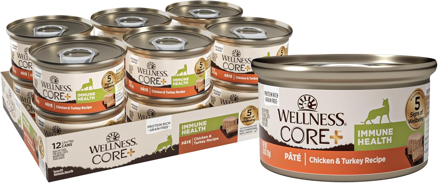 Wellness Core+ Immune Health Recipe, Natural Grain Free Canned Wet Cat Food, Chicken & Turkey Pate, 2.8 Ounces (Pack Of 12)