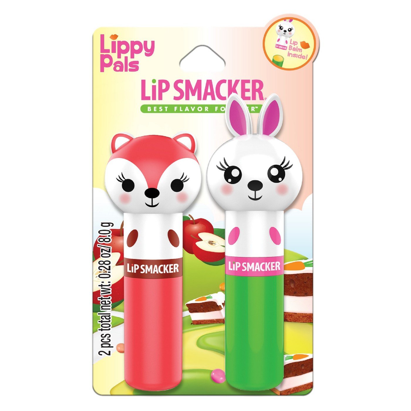 Lip Smacker Lippy Pals Fox & Bunny Rabbit, Flavored Moisturizing & Smoothing Soft Shine Lip Balm, Hydrating & Protecting Fun Tasty Flavors, Cruelty-Free & Vegan - Apple, Hoppy Carrot Cake