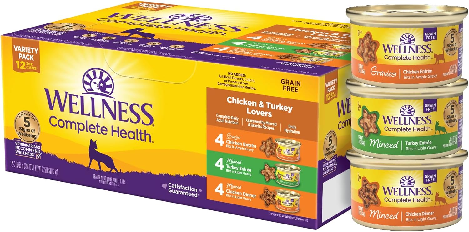 Wellness Complete Health Grain-Free Wet Canned Cat Food, Chicken & Turkey Lovers Variety Pack, 3 Ounce Can (Pack Of 12)