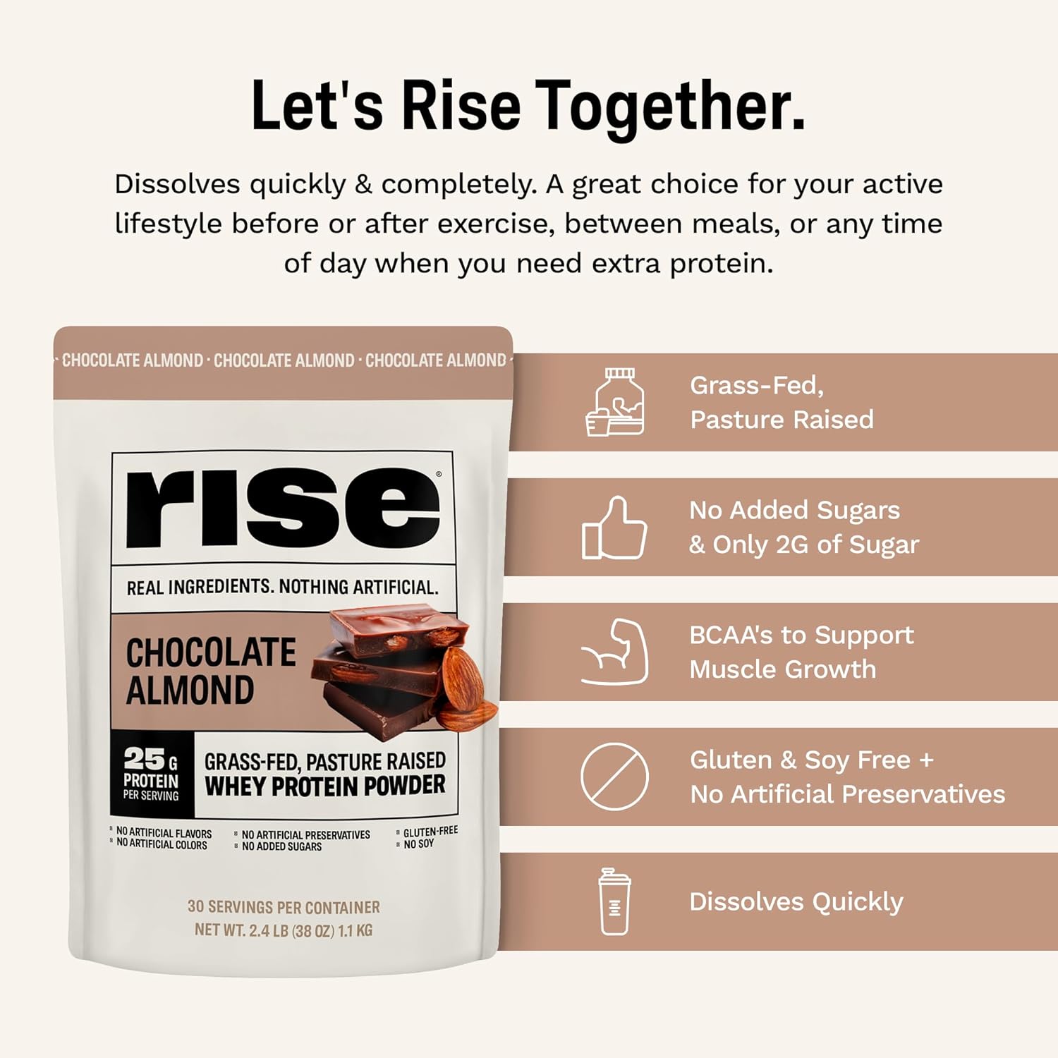 Rise Whey Protein Powder - Chocolate Almond | 25g Protein No Artificial Flavors, Colors, or Preservatives - Sugar Free, Gluten-Free, Soy Free (2.4 lbs) : Health & Household