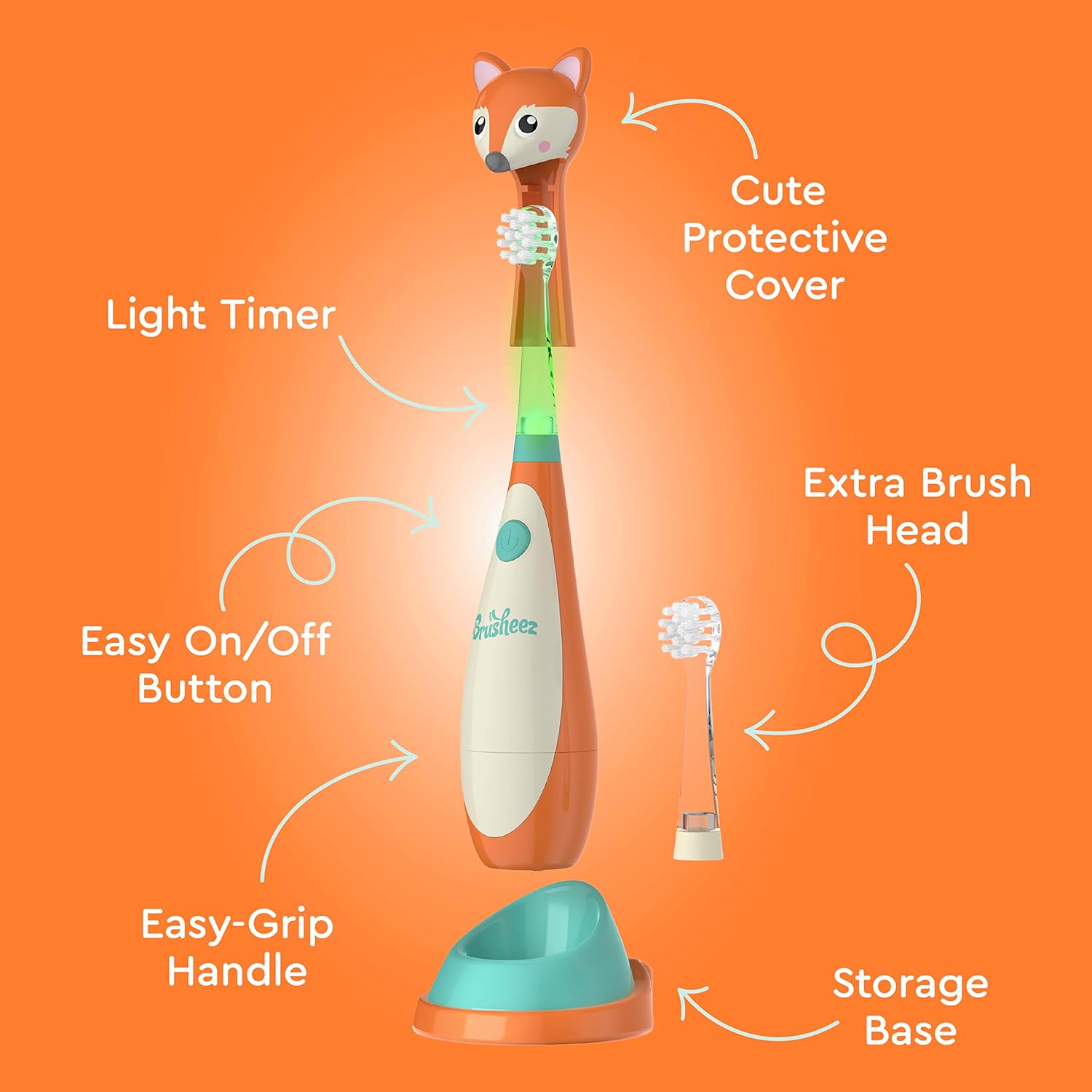 Brusheez Little Toddlers Sonic Toothbrush - Safe & Gentle Toothbrush for Ages 1-3 with Built-in, Light-Up 2-Minute Timer, Extra Brush Head, & Storage Base for First-Time Brushers (Fuzzy The Fox) : Health & Household