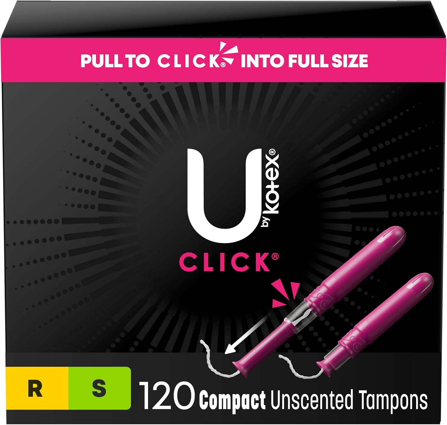 U By Kotex Click Multipack Tampons, Compact, Regular/Super Absorbency, Unscented, 120 Count (8 Packs Of 15) (Packaging May Vary)