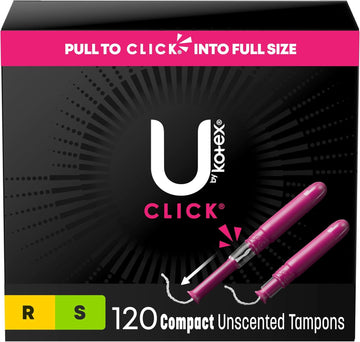 U By Kotex Click Multipack Tampons, Compact, Regular/Super Absorbency, Unscented, 120 Count (8 Packs Of 15) (Packaging May Vary)