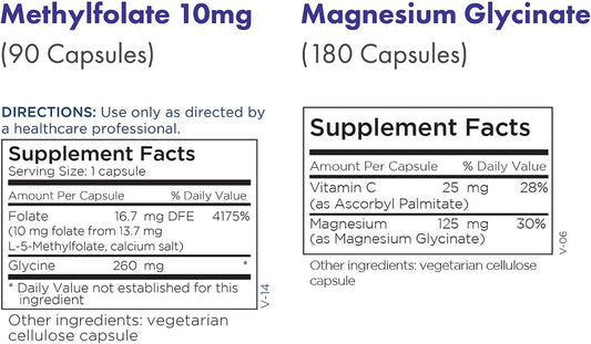 Metabolic Maintenance 2-Product Cardiovascular Support Set with L-Methylfolate 10mg - Active Folate L-5-MTHF (90 Capsules) + Magnesium Glycinate - Pure Magnesium + Vitamin C Supplement (180 Capsules)