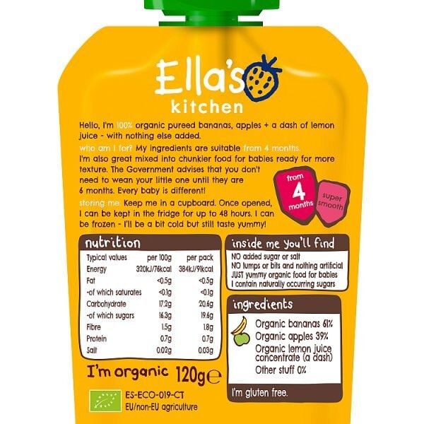 Ella'S Kitchen Organic Bananas & Apples 4M+ 120G