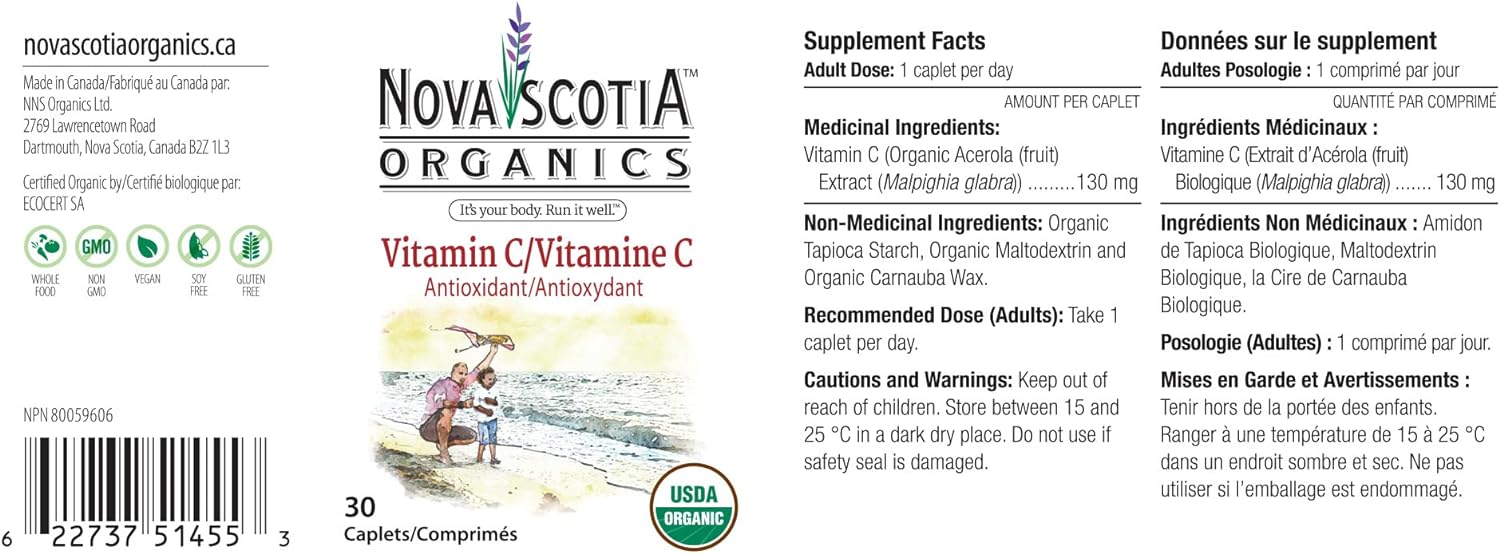 Nova Scotia Organics Vitamin C (30 Caplets); Organic; Vegan; Vegetarian; GMO Free; Acerola : Health & Household