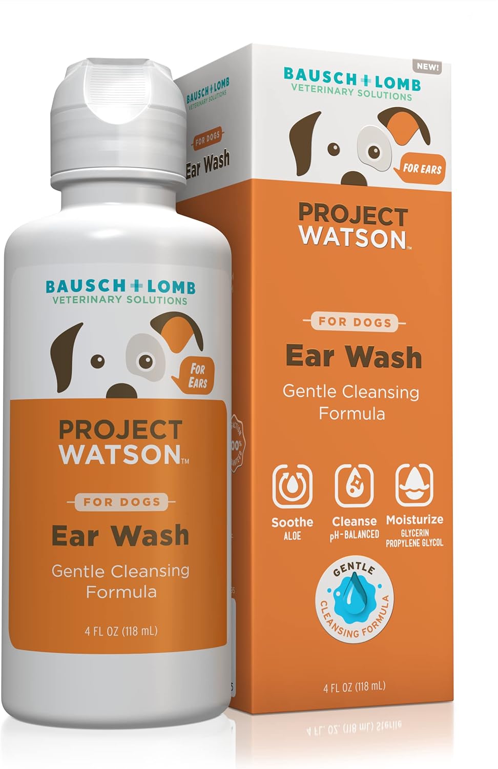 Project Watson Bausch + Lomb Ear Wash for Dogs, Gentle pH Balanced Formula to Help Support Ear Health & Hygiene, Contains Aloe Leaf Juice, Hydrogen Peroxide & Fragrance Free, 4 Fl Oz