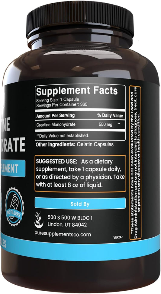 Pure Original Ingredients Creatine Monohydrate (365 Capsules) No Magnesium Or Rice Fillers, Always Pure, Lab Verified