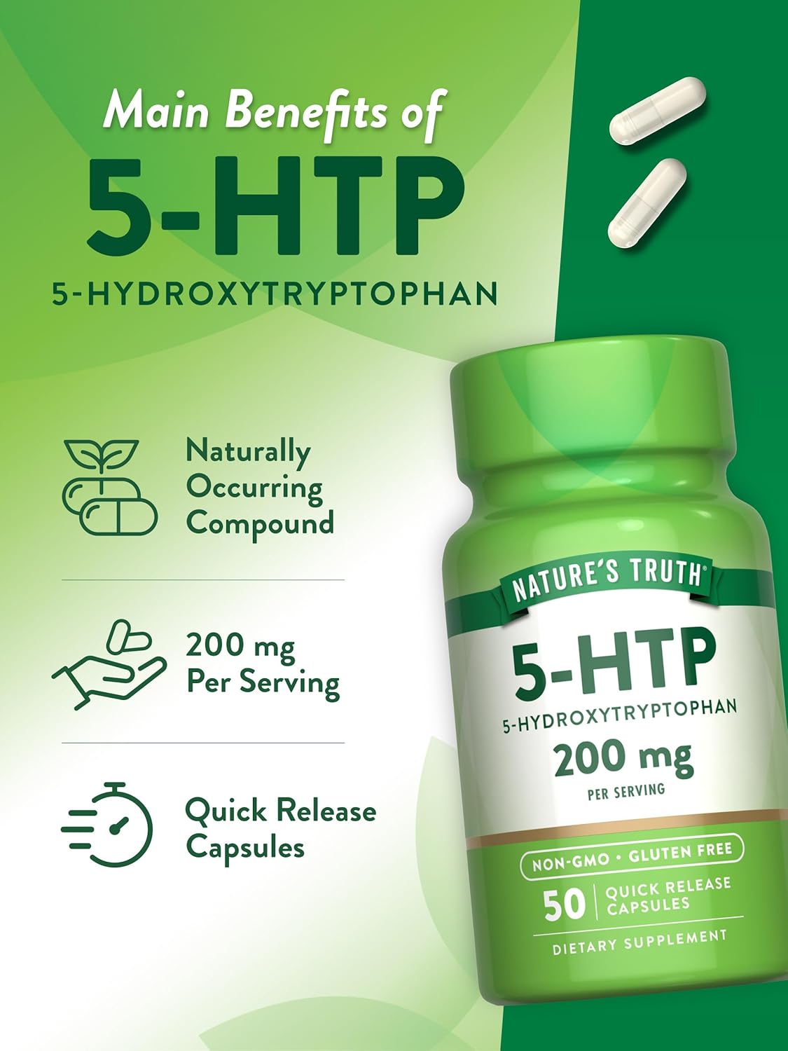 Nature's Truth 5HTP 200mg Capsules | 50 Count | 5 Hydroxytryptophan | Non-GMO & Gluten Free Supplement : Health & Household