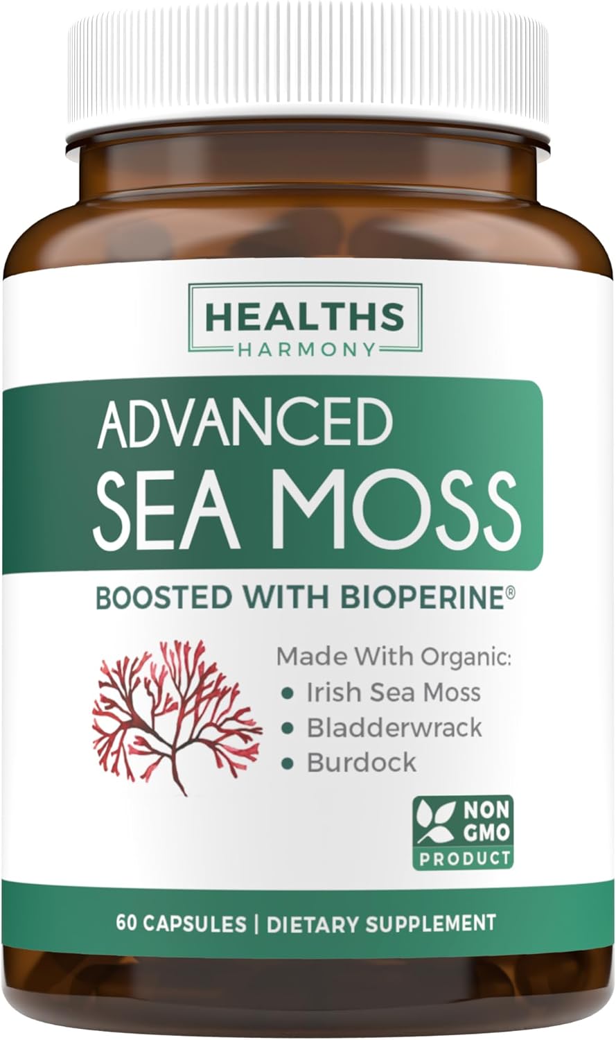 Irish Sea Moss Capsules (Non-Gmo) Organic Irish Seamoss, Bladderwrack & Burdock, With Bioperine Black Pepper Extract For Extra Absorption - Raw Vegan Supplement