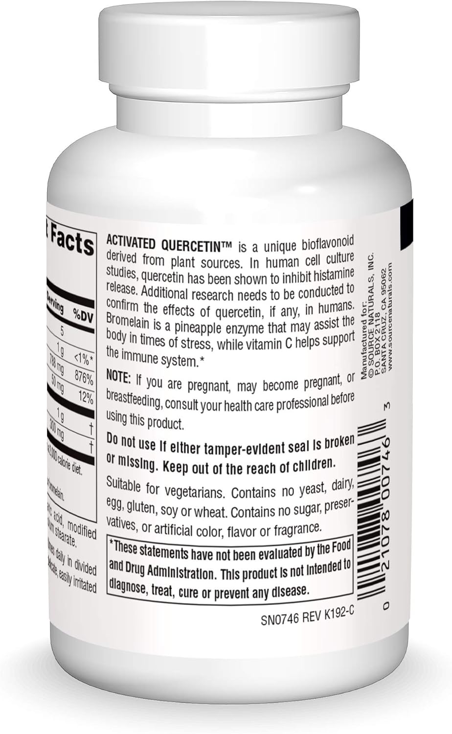 Source Naturals Activated Quercetin - Plant-Derived Bioavonoid Complex - Seasonal & Immune Defense - 100 Vegetarian FriendlyTablets