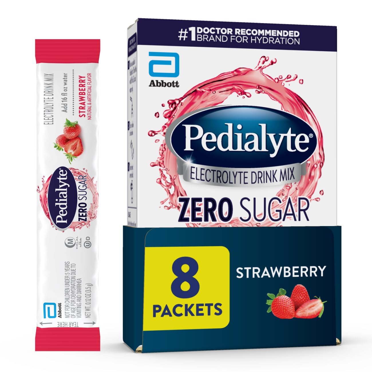 Pedialyte Electrolyte Drink Mix, Zero Sugar, Strawberry, 8 Single-Serving Powder Packets