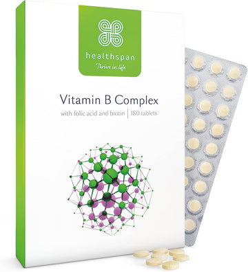 Healthspan Vitamin B Complex (6 Months' Supply) | High Levels Of 8 B-Complex Vitamins | Heart Health, Mental Performance & Psychological Function | Combat Tiredness & Fatigue | Gelatin Free | Vegan