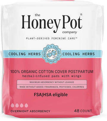 The Honey Pot Company - 48Ct - Herbal Postpartum Pads W/Wings - Infused W/Essential Oils For Cooling Effect, Organic Cotton Cover, & Ultra-Absorbent - Postpartum Essentials To Fill Your Postpartum Kit