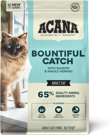 Acana Bountiful Catch Dry Cat Food For Adult Cats, Salmon And Whole Herring Recipe, Fish Cat Food, 4Lb