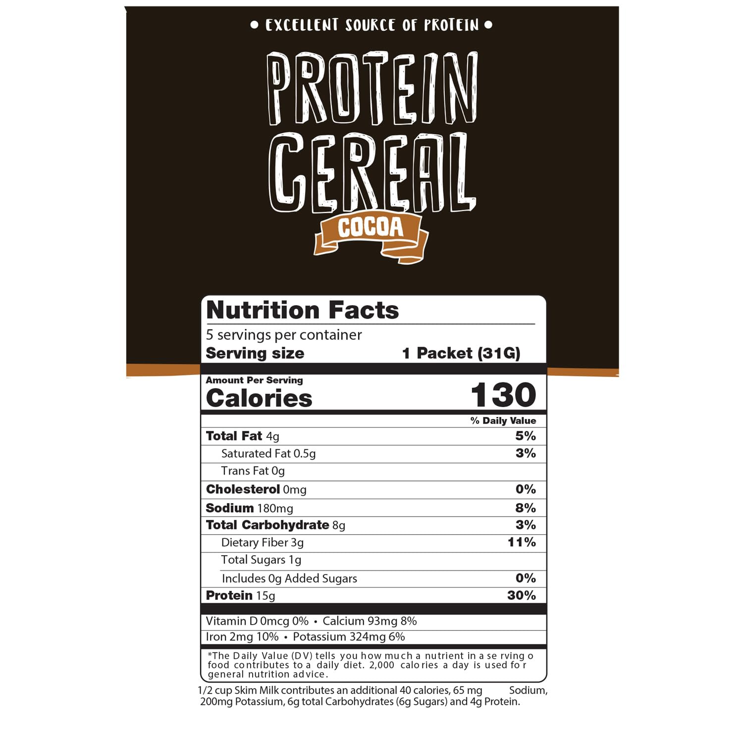 Protein Cereal, Low Carb Cereal, High Protein Cereal, 15G Protein, 5G Net Carbs, High Performance Cereal, 5 Individual Macro-Controlled Packages (Cocoa)