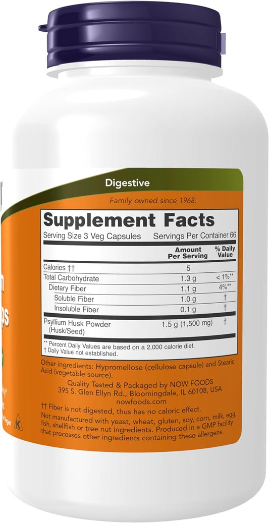 Now Foods Supplements, Psyllium Husk Caps 500 Mg, Non-Gmo Project Verified, Natural Soluble Fiber, Intestinal Health*, 200 Veg Capsules