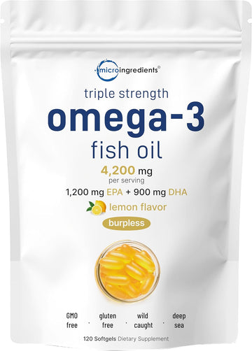 Triple Strength Omega 3 Fish Oil Supplements 4200Mg Per Serving, 120 Softgels – Lemon Flavored – Burpless | Epa 1200Mg + Dha 900Mg | Deep Sea Fish