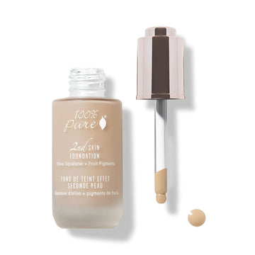 100% Pure 2Nd Skin Lightweight Serum Foundation Anti-Aging Face Makeup - Blendable Coverage Liquid Hydration Boost For Soft Plumped Up Glow, Vegan Shade 3 (Warm W/Yellow Undertone) - 1.18 Fl Oz