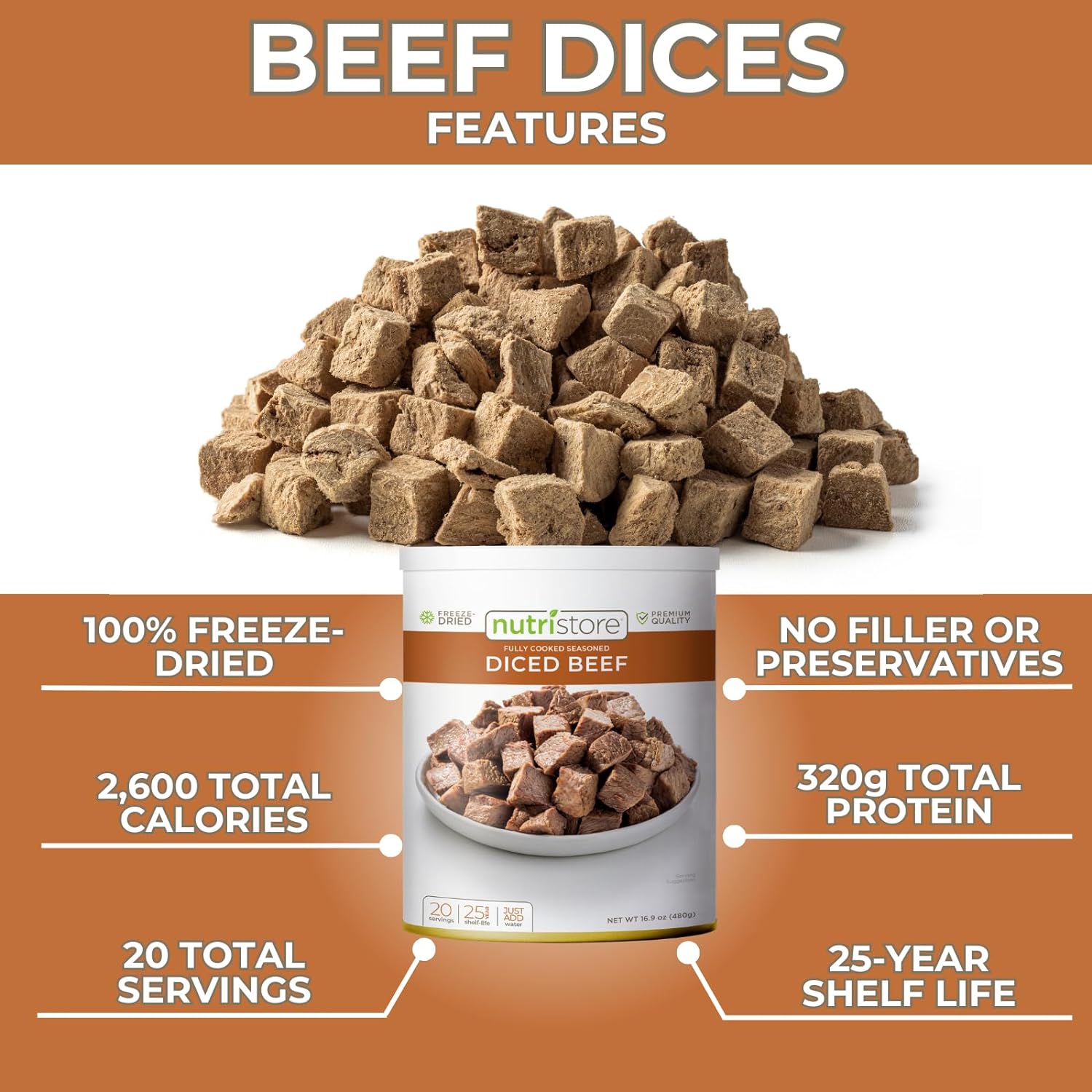 Nutristore Freeze Dried Beef Dices | Pre-Cooked Meat for Backpacking, Camping, Meal Prep | Long Term Survival Emergency Food Supply | 25 Year Shelf Life | Bulk #10 Can | Made in USA | 20 Servings : Grocery & Gourmet Food